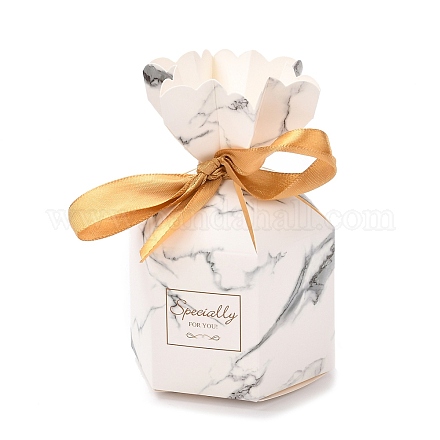 紙菓子箱  ジュエリーキャンディー結婚披露宴ギフト包装  リボン付き  六角形の花瓶  大理石模様  7.25x7.2x13.1cm CON-B005-11D-1