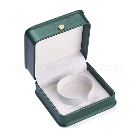 Puレザーブレスレットボックス  金色の鉄冠付き  結婚式のための  ジュエリー収納ケース  正方形  濃い緑  3-3/4x3-3/4x2インチ（9.6x9.6x5.1cm） LBOX-A002-03C-1