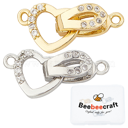 Beebeecraft 4 Sets 18K Gold Plated Brass Micro Pave Cubic Zirconia Fold Over Clasps Platinum Plated Rhinestone Foldover Extension Clasp Heart Oval Extenders for DIY Necklace Bracelet Jewelry Making KK-BBC0001-46-1
