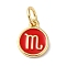 Real 18K Gold Plated Brass Enamel Charms, with Jump Ring, Long-Lasting Plated, Lead Free & Cadmium Free, Flat Round with Scorpio Charms, Red, 10x8x1mm, Hole: 4mm