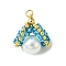 Shell Pearl Beads Glass Pendants, with Seed Beads & Golden 304 Stainless Steel Jump Rings, Shell Shape, Deep Sky Blue, 19~21x14~16x12~13mm, Hole: 2.5mm