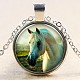 Horse Pattern Flat Round Glass Pendant Necklaces NJEW-N0051-012F-02-1