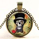 Gentleman Skull with Pipe Pattern Flat Round Glass Pendant Necklaces NJEW-N0051-005I-01-1