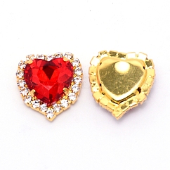 Coudre sur strass, Strass en verre, avec accessoires en laiton plaqués or clair, Accessoires de vêtement, facette, cœur, rouge, 17x16x7mm, Trou: 0.9mm
