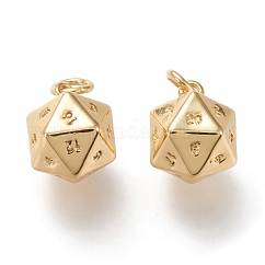 Encantos de latón, sin plomo y cadmio, con anillos de salto, Plateado de larga duración, Dije de dados de 20 cara, real 18k chapado en oro, 13.5x9.5x9.5mm, agujero: 3.2 mm