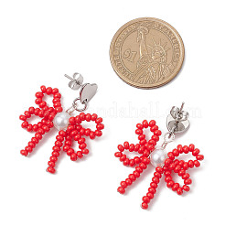 Pendientes colgantes de cuentas de vidrio hechos a mano con forma de corazón y lazo&nbsp;EJEW-MZ00474-02