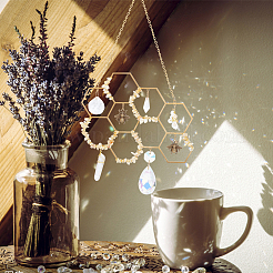 Décorations pendantes en nid d'abeille en laiton et en copeaux de quartz jaune&nbsp;HJEW-WH0069-33