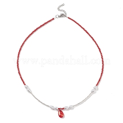 Collier pendentif en forme de larme de verre avec chaînes de perles de graines&nbsp;NJEW-JN04333
