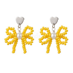 Pendientes colgantes de cuentas de vidrio hechos a mano con forma de corazón y lazo&nbsp;EJEW-MZ00474-01