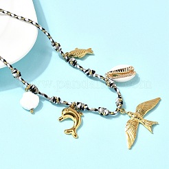 Collana estiva da spiaggia in acciaio inossidabile 304 e ciondolo in conchiglia naturale galvanizzata con cordino in poliestere regolabile per donna&nbsp;NJEW-F348-01A-G