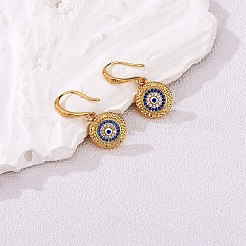 Orecchini pendenti tondi piatti di zirconi cubici con malocchio&nbsp;EJEW-SW00011-03