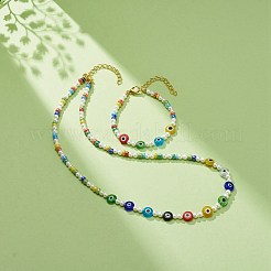 Braccialetto della collana di perline dell'occhio diabolico del lampwork & del seme di vetro&nbsp;SJEW-JS01247