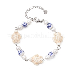 Bracelets en perles rondes de porcelaine bleue et blanche et turquoise synthétique teintée&nbsp;BJEW-JB13455