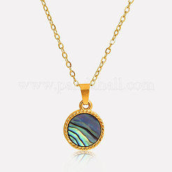 Elegante collar con colgante redondo y plano de concha de paua natural pavé de acero inoxidable 304&nbsp;DP7329-3
