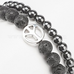2 pièces 2 style pierre de lave naturelle et hématite synthétique bracelets extensibles perlés ronds sertis de signe de paix en alliage&nbsp;BJEW-JB08311