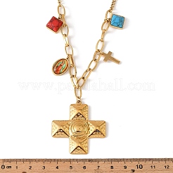 Collana con ciondolo quadrato in resina effetto turchese e croce testurizzata in acciaio inossidabile 304 per donna.&nbsp;LS-NJEW-F380-01G
