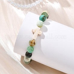 Pulseras elásticas de cuentas redondas y en cruz de jaspe verde natural y turquesa sintética para mujer y hombre&nbsp;BJEW-JB13926-02