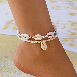 Bracelets de cheville extensibles à double couche en coquillage cauri naturel de style bohème et perles de verre pour femmes&nbsp;FS-WGC801A-01