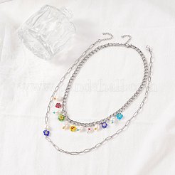 Perle naturelle et millefiori fleur pièce de monnaie perles de verre colliers de charme ensemble pour fille femmes&nbsp;NJEW-TA00014