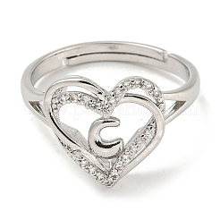 Anelli regolabili da donna a cuore con portalettere placcati in ottone con micro pavè di zirconi trasparenti&nbsp;RJEW-I105-01P-C