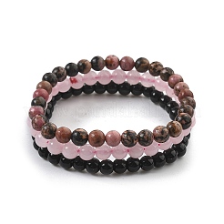 3 pièces 3 style rhodonite naturelle & agate noire & quartz rose ensemble de bracelets extensibles perlés ronds&nbsp;PW23030761414