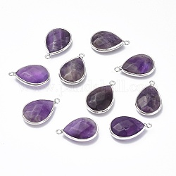 Natural Amethyst Pendants, with Platinum Plated Brass Edge & Loops, Teardrop, Faceted, 21x13.5x6mm, Hole: 2mm