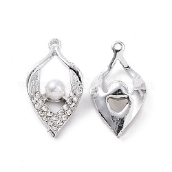 Pendenti strass in lega, con perla in plastica imitazione abs, ciondoli foglia tono platino, cirstallo, 25x14x6mm, Foro: 1.4 mm