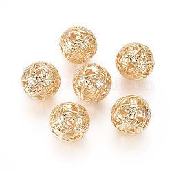 Perles de laiton creux, rond avec libellule, véritable 18k plaqué or, 17.5mm, Trou: 2.5mm