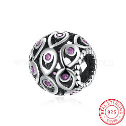 925 perles européennes de zircone cubique micro pavées en argent sterling, Perles avec un grand trou   , ronde, moyen orchidée, couleur d'argent, 11x11mm