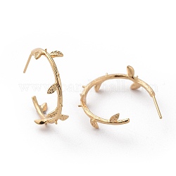 Brass Stud Earring Findings, Half Hoop Earrings, For Half Drilled Beads, Branch, Nickel Free, Real 18K Gold Plated, 23x8mm, Pin: 0.8mm