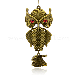Antique Bronze Plated Alloy Rhinestone Owl Large Pendants for Halloween Jewelry, Nickel Free, Light Siam, 89x40x10mm, Hole: 2.5mm
