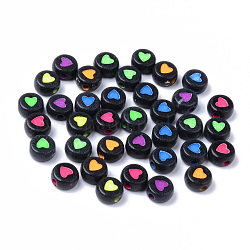 Abalorios de acrílico negro opaco, redondo plano con corazón de colores mezclados, 7x3.5mm, agujero: 1.8 mm
