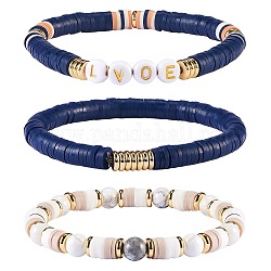 Perles d'amour empilant des bracelets extensibles pour femmes, perles d'howlite naturelle et de laiton bracelets de puissance d'énergie, bracelets de perles heishi en argile polymère pour la plage d'été, or, couleur mixte, diamètre intérieur: 2-1/4 pouce (5.6~5.8 cm), 3 pièces / kit