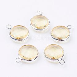 Silver Color Plated Brass Glass Flat Round Charms, Faceted, Champagne Yellow, 12x8.5x3mm, Hole: 1.5mm