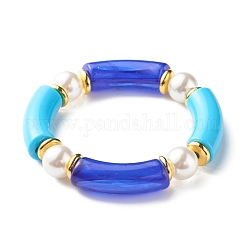 Chunky Acrylic Curved Tube Beads Stretch Bracelet for Teen Girl Women, Plastic Pearl & Brass Beads Bracelet, Golden, Blue, Inner Diameter: 2 inch(5.1cm)