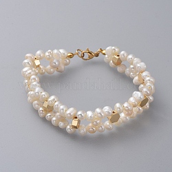 Pulseras de abalorios, con perla natural, Fornituras de latón, cornsilk, real 18k chapado en oro, 6-7/8 pulgada (17.5 cm), 13mm
