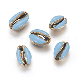 Perles coquillage cauri naturel galvanisé, avec l'émail, perles non percées / sans trou, or, lumière bleu ciel, 18~22x13~15x7~8mm