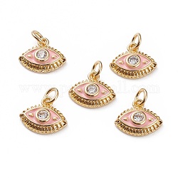 Brass Micro Pave Clear Cubic Zirconia Charms, with Enamel, Eye, with Jump Rings, Real 18K Gold Plated, Misty Rose, 10x12x3mm, Jump Ring: 5x1mm, 3mm Inner Diameter
