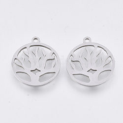 201 Stainless Steel Pendants, Laser Cut Pendants, Flat Round with Tree of Life, Stainless Steel Color, 17.5x15.5x1mm, Hole: 1.4mm