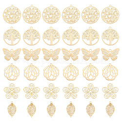 UNICRAFTALE 36Pcs 6 Style Gold Botanical Themed Pendant Stainless Steel Filigree Pendants Etched Metal Embellishments Flower Butterfly Leaf Flat Round Hollow Pendant Charms for Jewelry Making