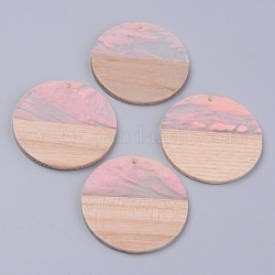 Colgantes de resina & madera, dos tonos, plano y redondo, rosa, 38x2~3mm, agujero: 2 mm