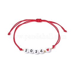 Cuore con parola 2024 braccialetto di perline intrecciate in acrilico, bracciale regolabile in nylon, rosso, diametro interno: 2-1/8~3-1/2 pollice (5.4~8.85 cm)