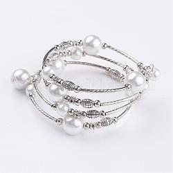 Bracelets à perles en perles en verre, quatre boucles, Avec perles en laiton et entretoises en perles de fer, argent antique et le platine, blanc, 2-1/8 pouce (53 mm)