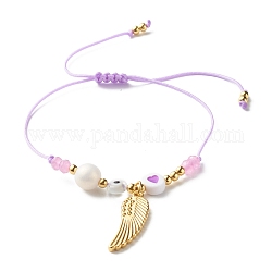 Bracelet de perles tressées en acrylique cœur et mauvais œil pour adolescente femme, bracelet à breloques en alliage d'aile avec des perles de jade de malaisie naturelle (teintes), or, flamant, diamètre intérieur: 5/8~3-3/8 pouce (1.6~8.6 cm)