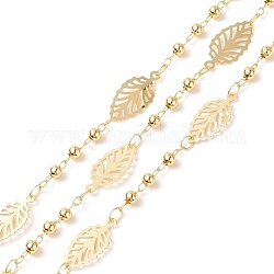 Messingblatt-Gliederketten, mit runden Perlen, gelötet, mit Spulen, cadmiumfrei und bleifrei, echtes 18k vergoldet, 16x8x0.2 mm, 3 mm