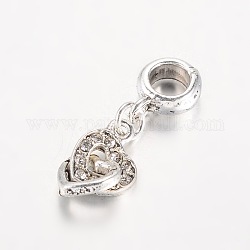 Heart Antique Silver Plated Alloy Rhinestone European Dangle Charms Large Hole Pendants, Crystal, 27x9x4.5mm, Hole: 5mm