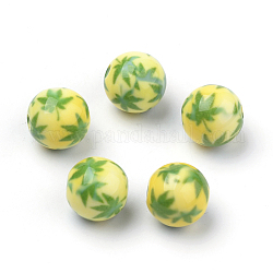 Perles acryliques imprimés opaques, rond avec motif feuille de pot/feuille de chanvre, vert jaune, 10x9.5mm, Trou: 2mm