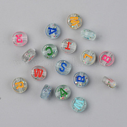 Transparente Acryl Perlen, horizontales Loch, mit Glitzerpulver & Emaille, flach rund mit Brief, Mischfarbe, 7x3.5 mm, Bohrung: 1.5 mm, 3150 Stück / 500 g