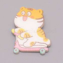 Tiger Playing Chinese Zodiac Acrylic Brooch, Lapel Pin for Chinese Tiger New Year Gift, White, Orange, 41x32x7mm