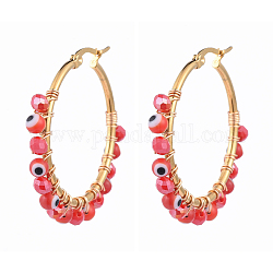 Beaded Big Hoop Earrings, with Evil Eye Lampwork Beads, Glass Beads and Golden Plated 304 Stainless Steel Hoop Earrings, Red, 40~41x4mm, Pin: 0.5x1mm
